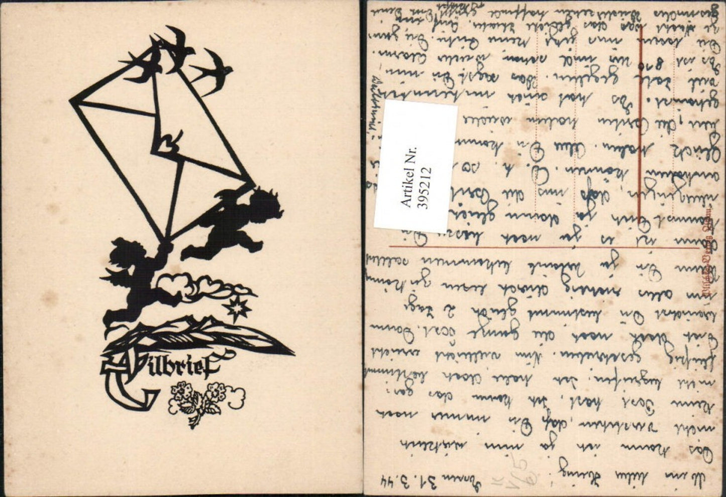 395212,Künstler AK Scherenschnitt Silhouette Eilbrief Brief Engeln Vögel pub Plischke