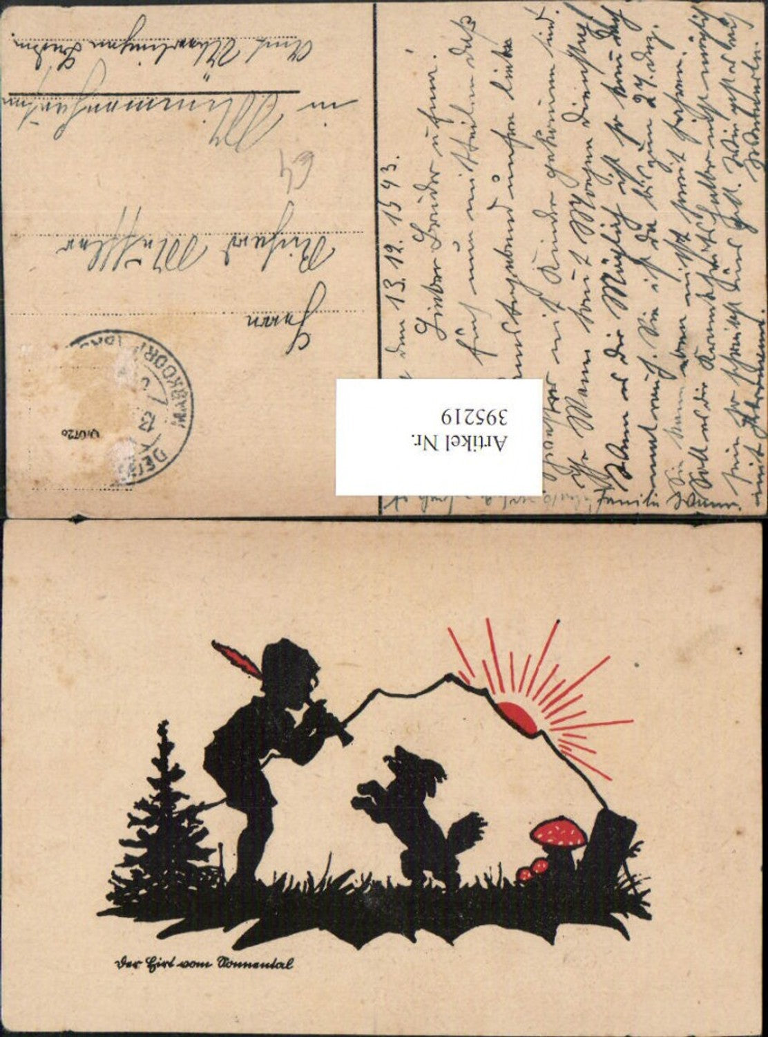 395219,Künstler AK Scherenschnitt Silhouette Junge m. Federhut Flöte Hund Berg Sonne Pilze