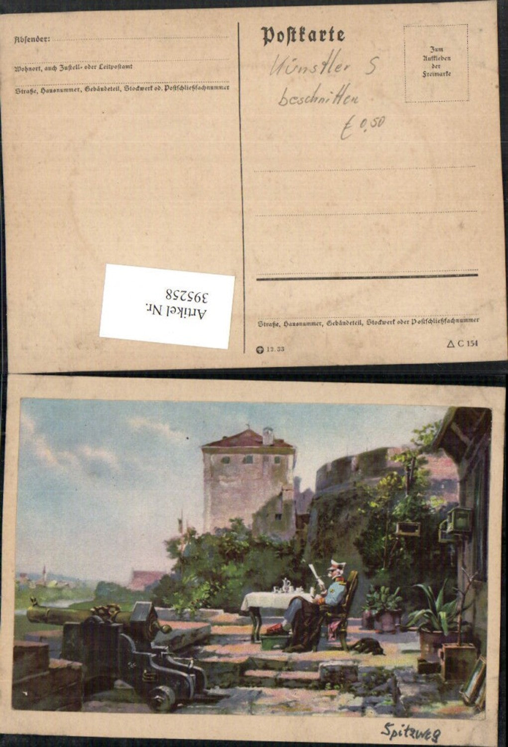 395258,Künstler AK C. Spitzweg Mann Soldat Pfeife Tisch Hund Kanone