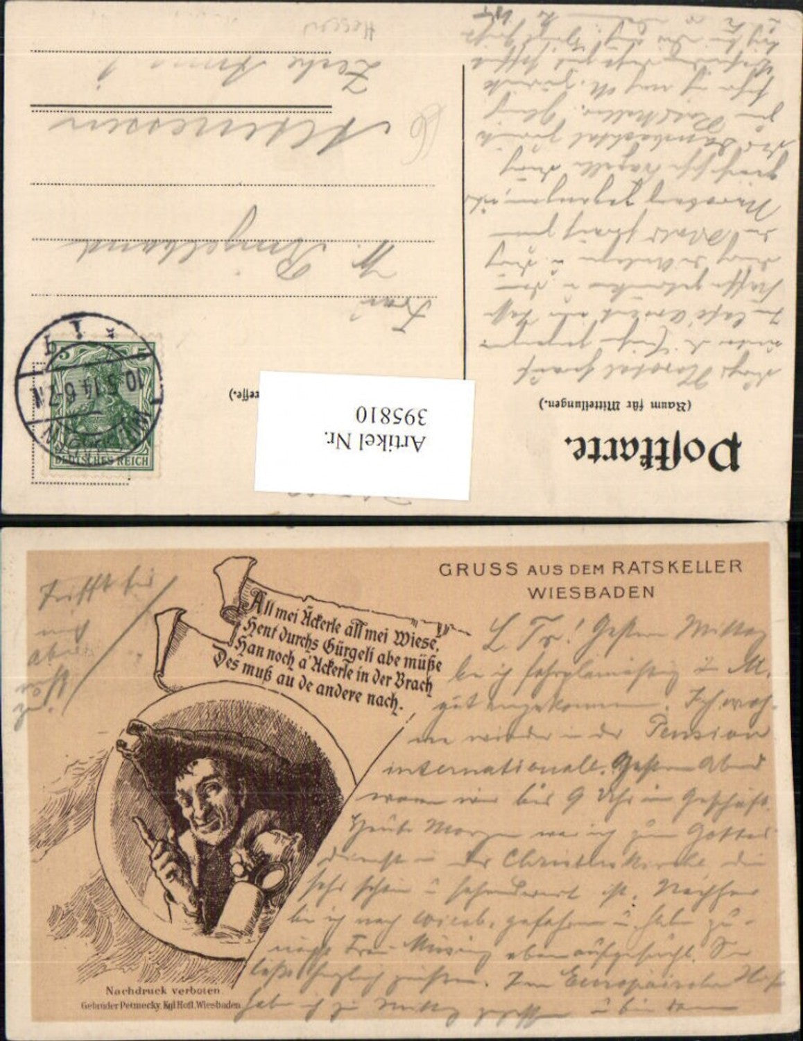 395810,Künstler AK Gruß aus Wiesbaden Ratskeller Mann m. Hut Bier Spruch