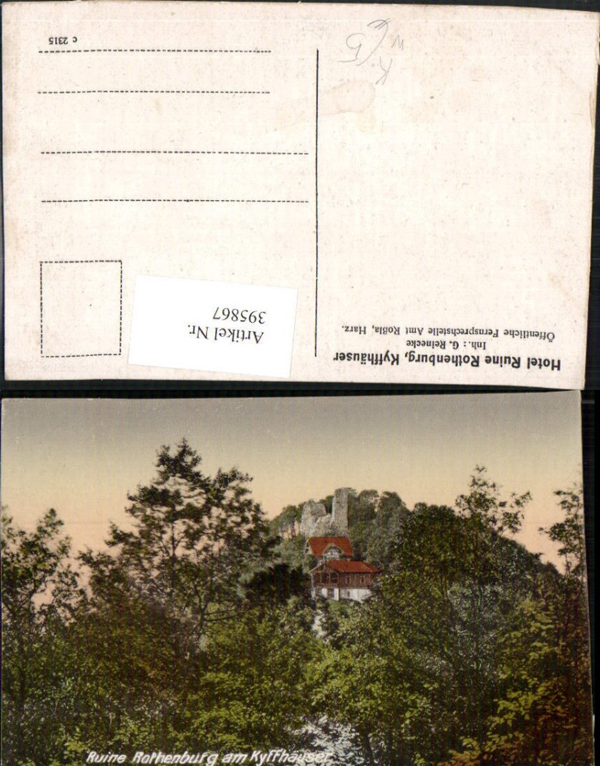 395867, Artist AK Kyffhäuser Hotel Ruin Rothenburg near Bad Frankenhausen