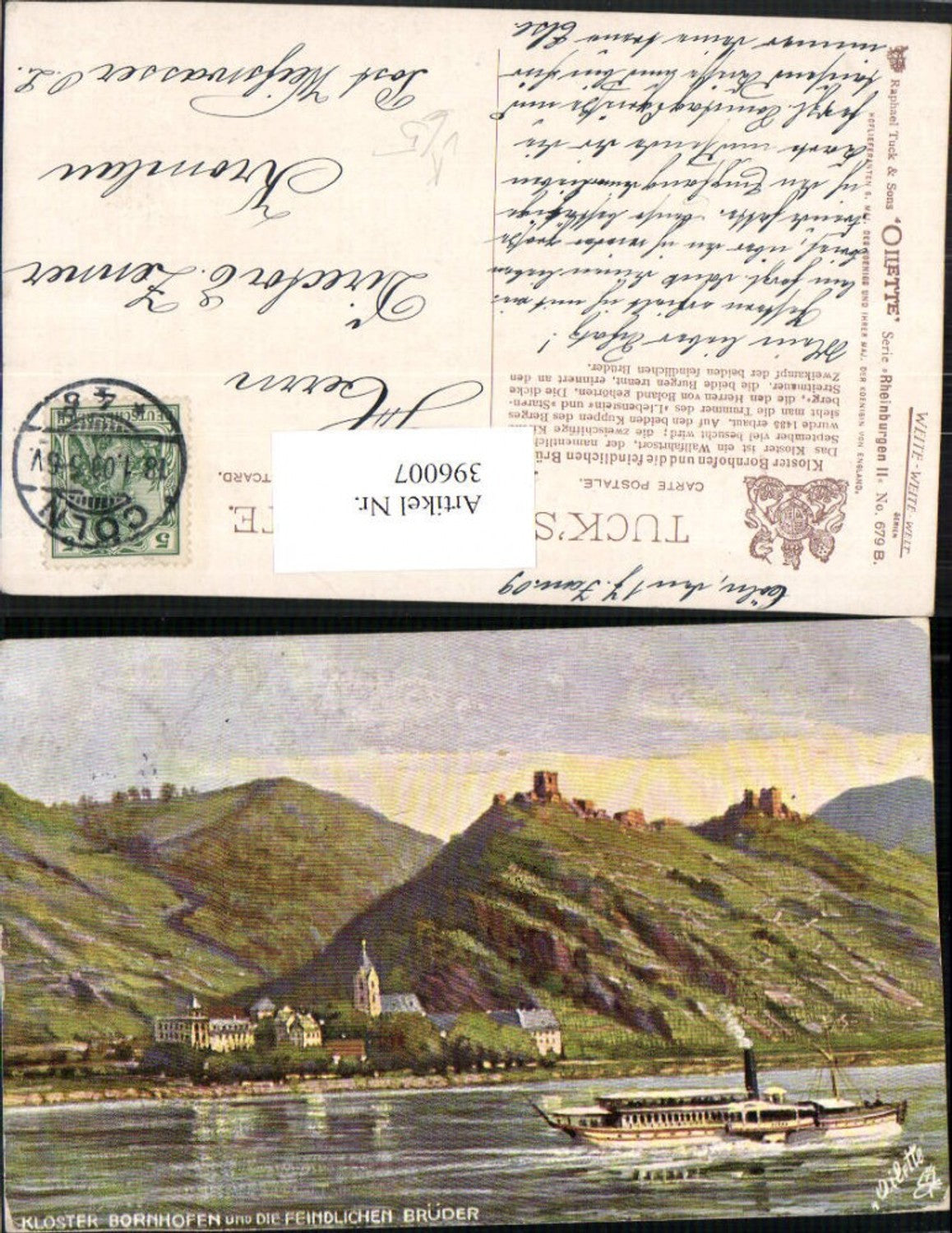 396007,Künstler AK Kloster Bornhofen u. Feindlichen Brüder Burgen Dampfer pub Raphael Tuck 679B