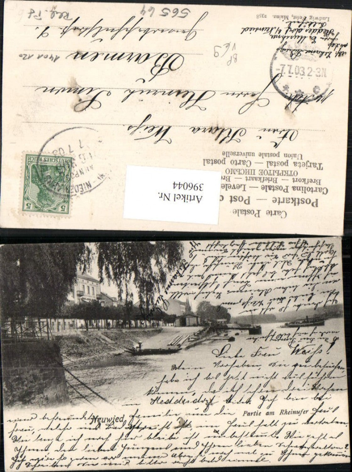 396044,Neuwied Partie am Rheinufer Bahnpost Zug 305 pub Ludwig Feist 2358