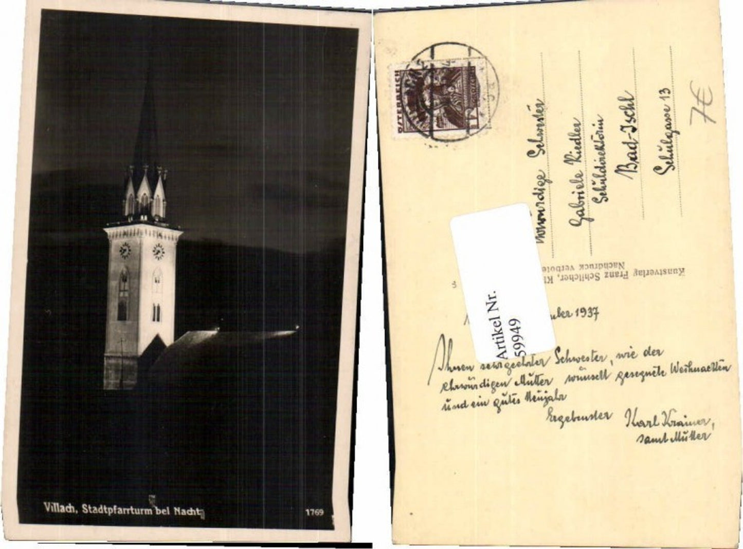 59949,Villach Stadtpfarrturm b. Nacht Schilcher 1769