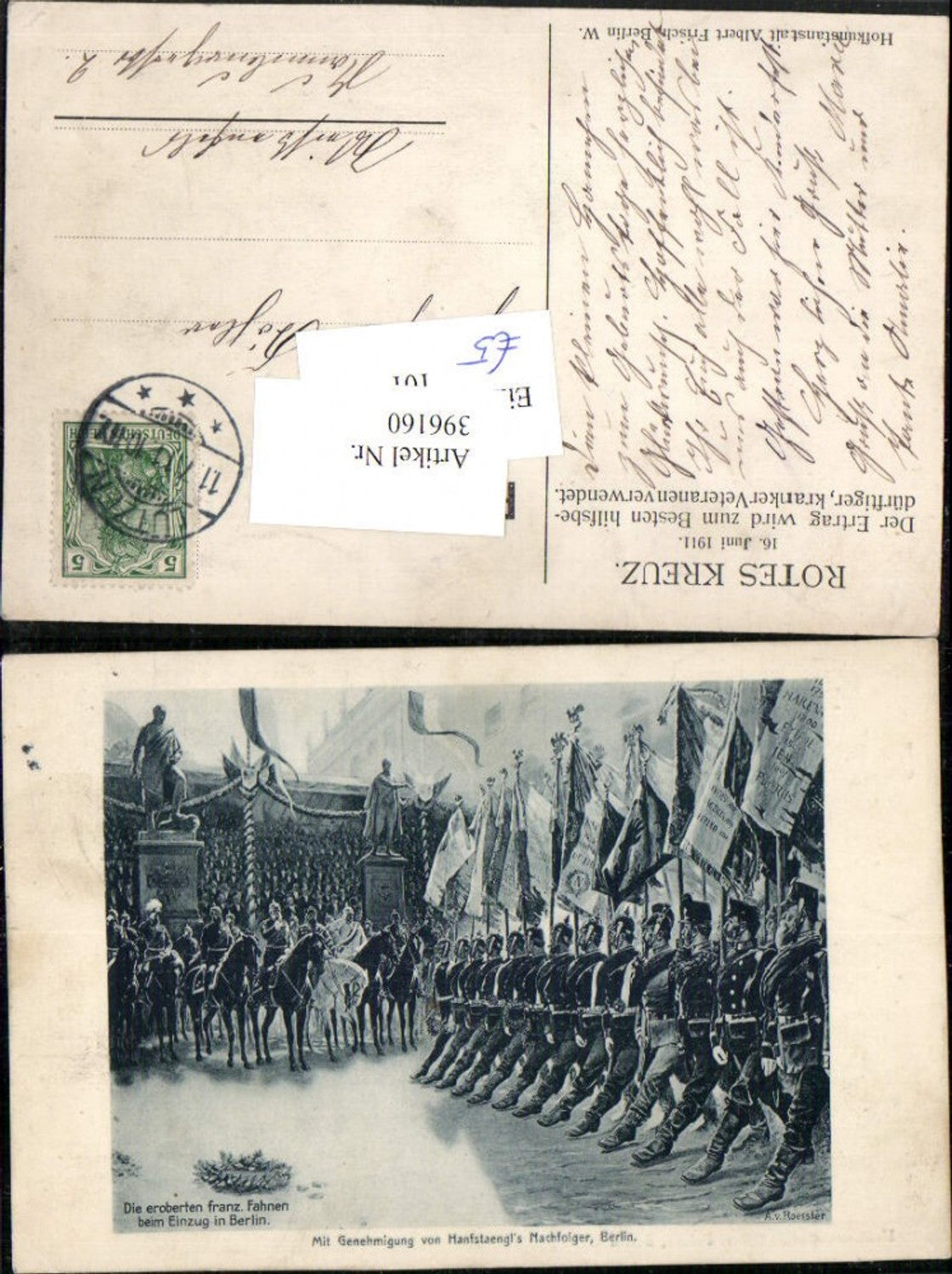 396160,Künstler AK A. v. Roessler Berlin Einzug Soldaten Fahnen pub Rotes Kreuz