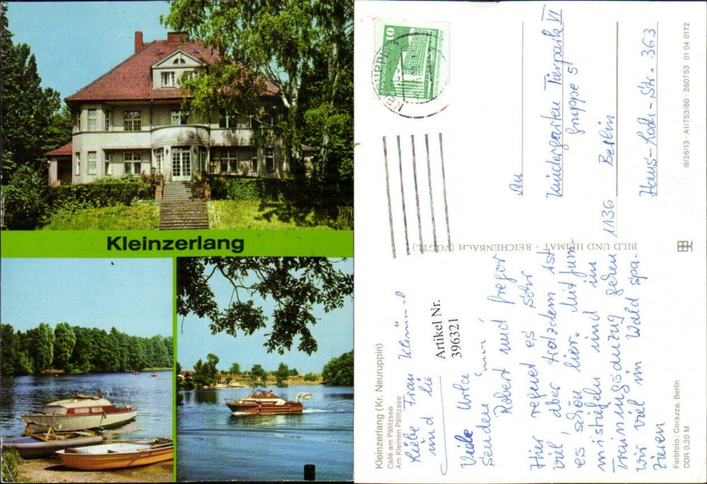 396321, Kleinzerlang near Rheinsberg Cafe at Pälitzsee Lake Boats Multi-image postcard pub VEB