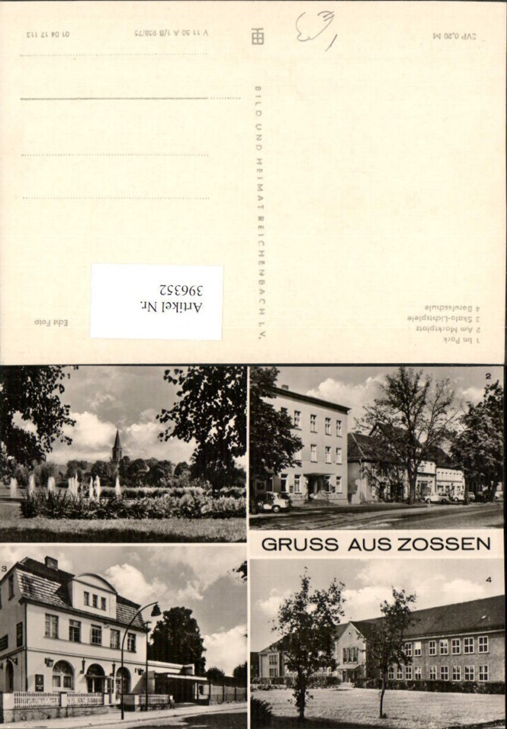 396352, Greetings from Zossen Park Market Square Vocational School Cinema Multi-image card pub VEB