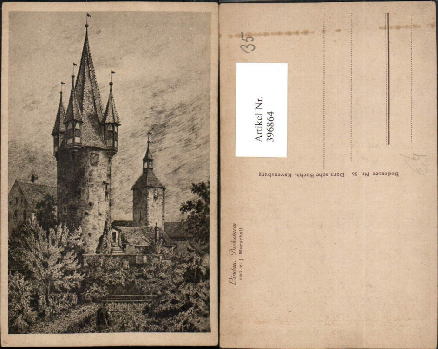 396864,Künstler AK J. Marschall Lindau im Bodensee Diebsturm Turm