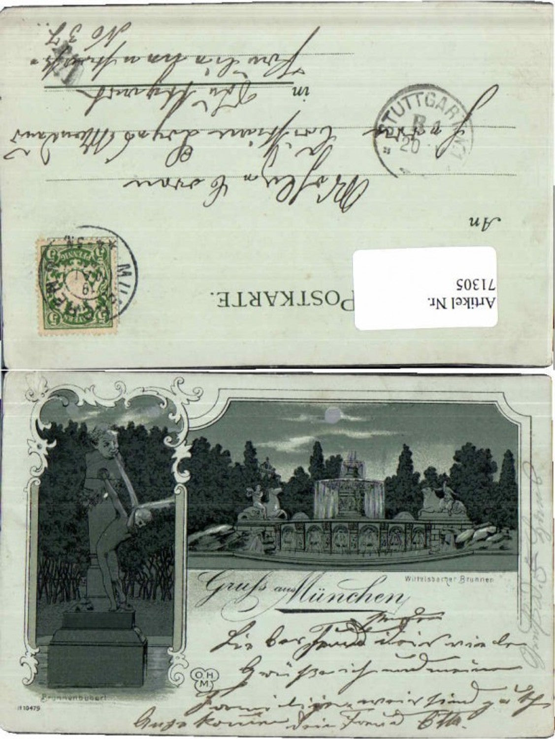71305,Mond Litho Gruß aus München Wittelsbacher Brunnen