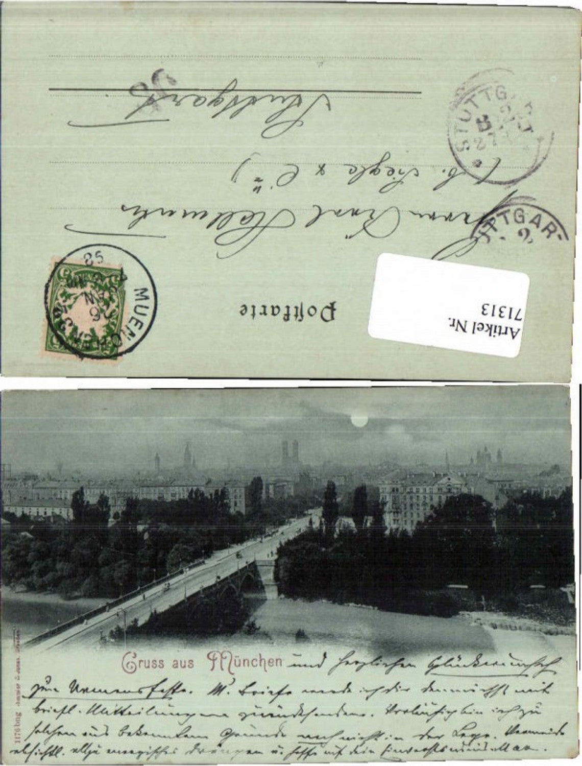 71313,Mond Litho Gruß aus München Brücke 1898