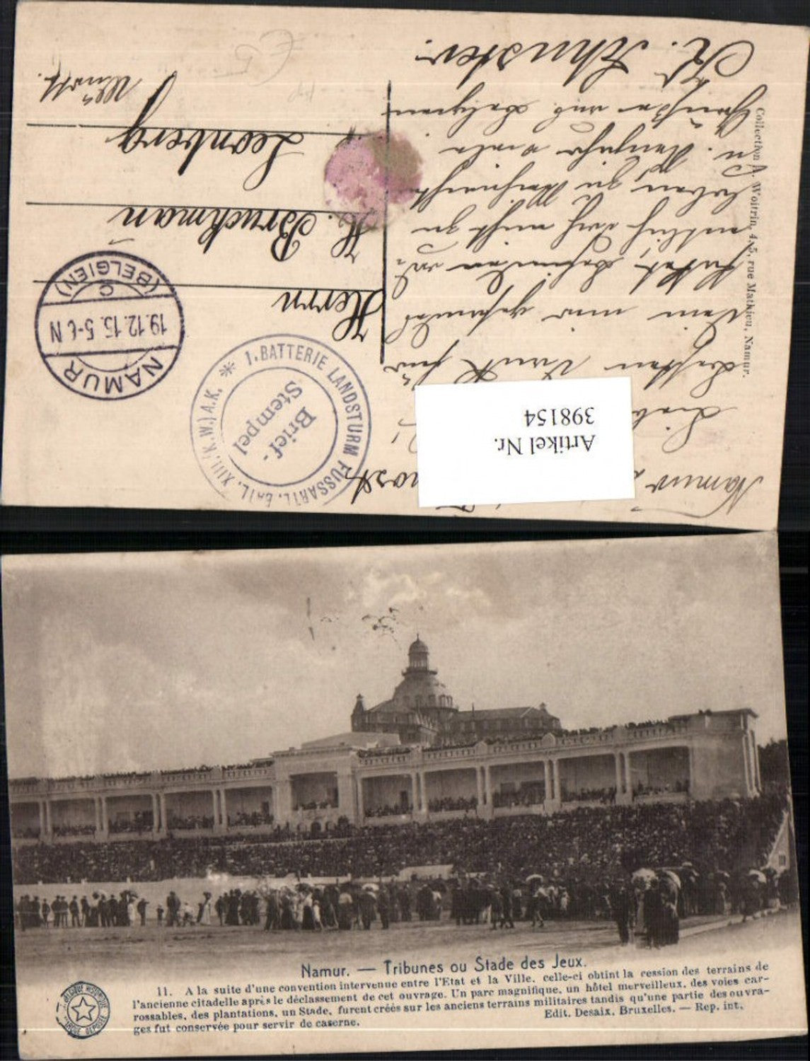 398154,Belgium Namur Tribunes ou Stade des Jeux Stadium Grandstand Field Post Landsturm Foot Artillery