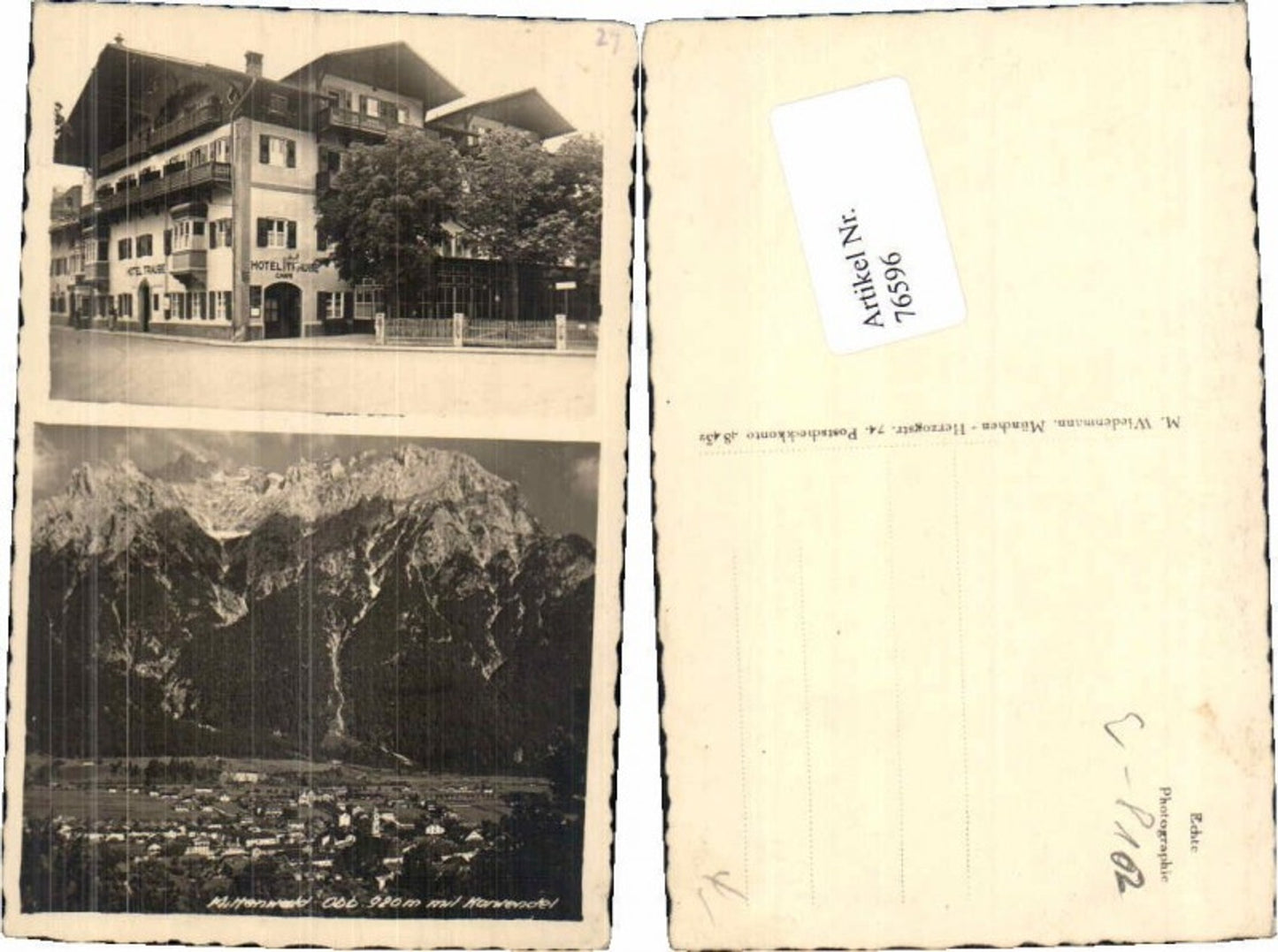 76596,Mittenwald a. Isar Hotel Traube Rare 2 Bildkarte