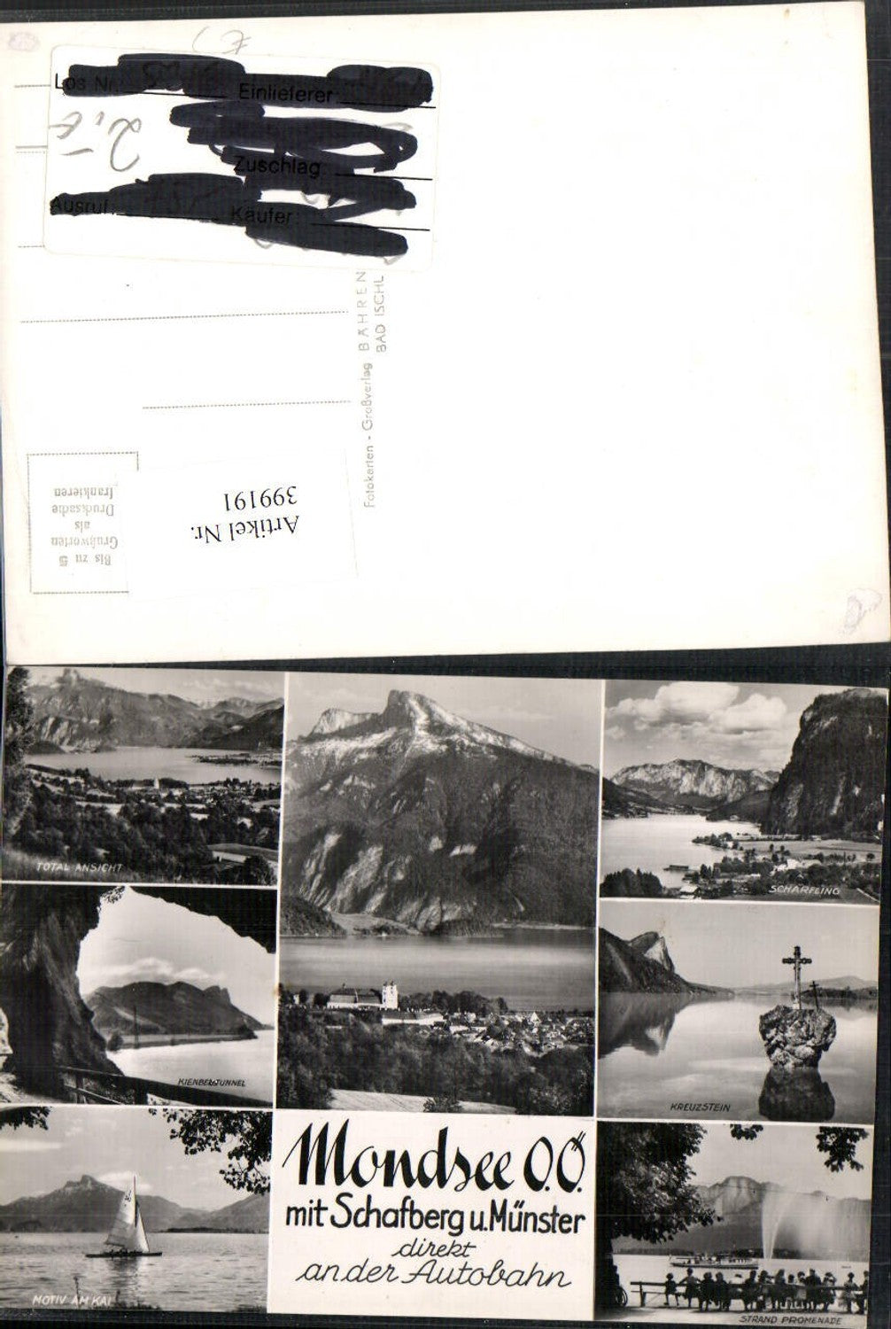 399191, Mondsee Totale Scharfling Sailboat Kreuzstein Multiview Postcard