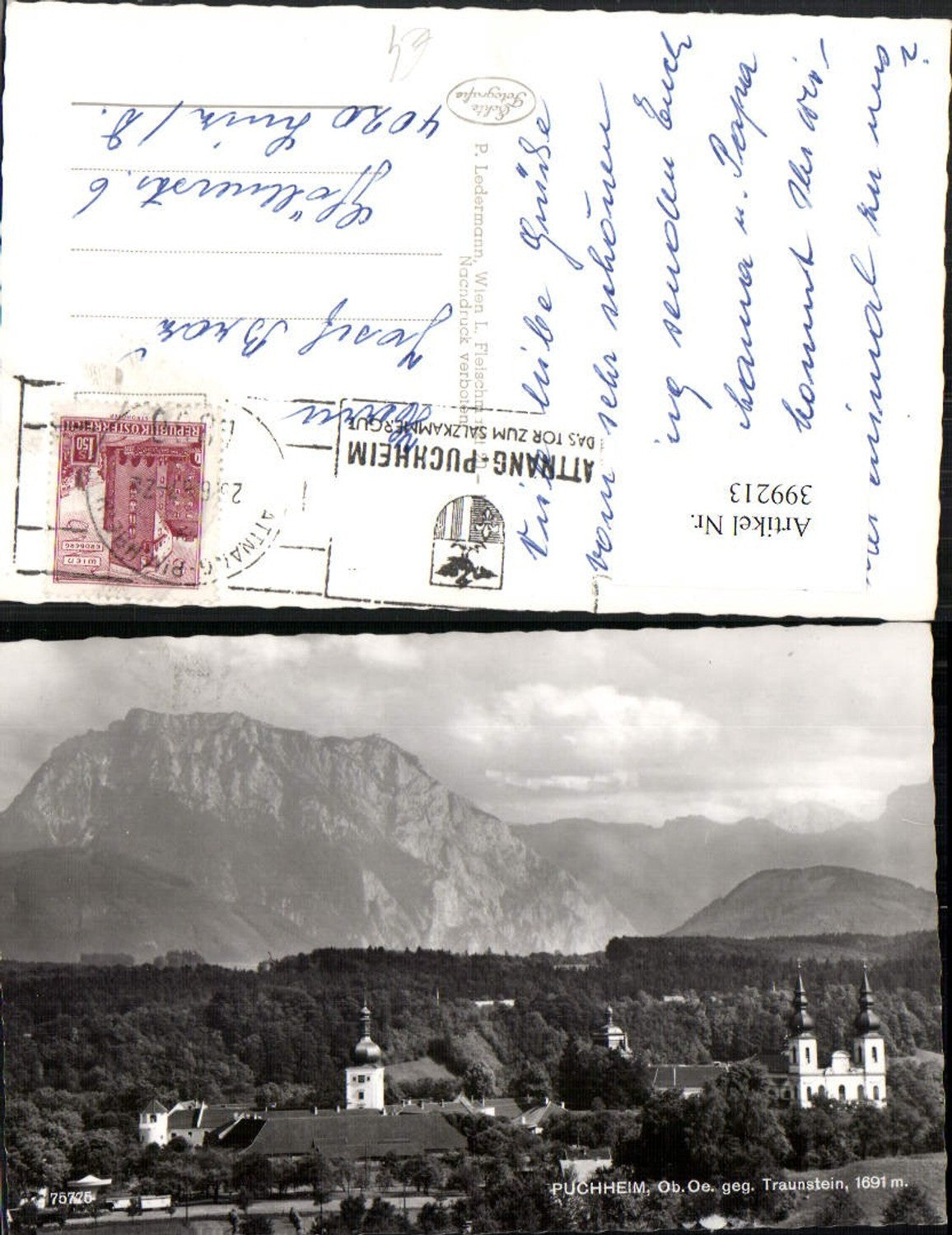 399213,Puchheim Teilansicht Kirche geg. Traunstein Bergkulisse