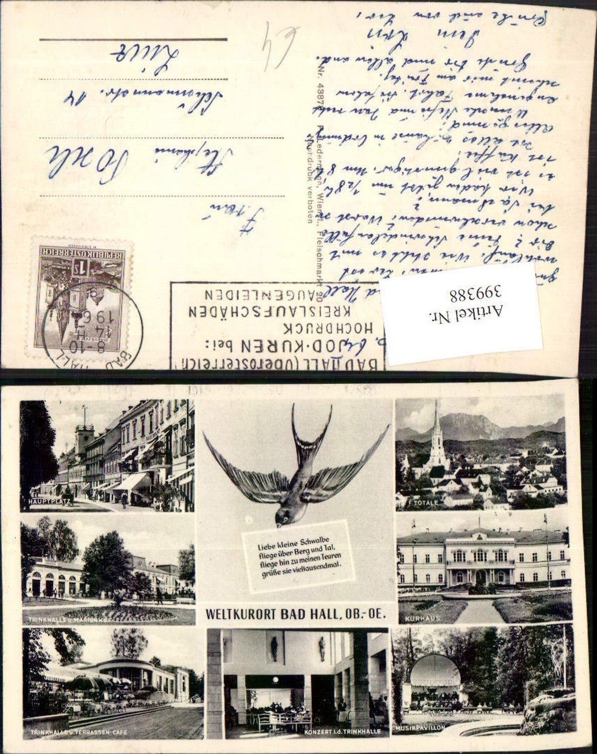 399388,Bad Hall Totale Kurhaus Hauptplatz Mehrbildkarte Schwalbe Spruch