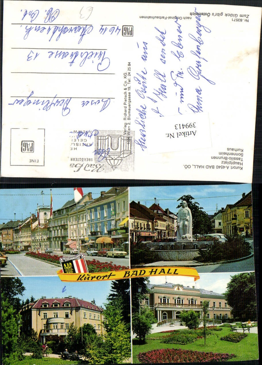 399413,Bad Hall Hauptplatz Brunnen Sonnenheim Kurhaus Mehrbildkarte