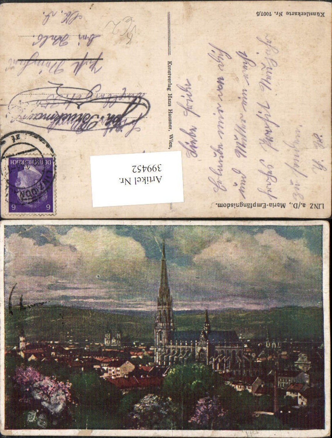 399452,Künstler AK Linz an d. Donau Teilansicht m. Maria-Empfängnis-Dom pub Hans Hausner 7007/5