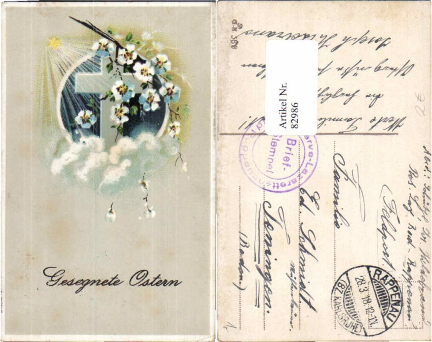 82986, Easter Lithograph Cross Flowers