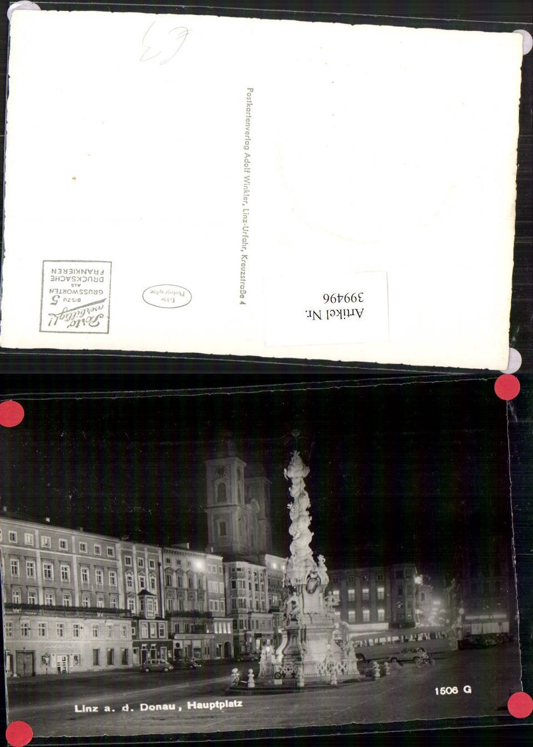 399496,Linz an d. Donau b. Nacht Hauptplatz Dreifaltigkeitssäule Pestsäule Autobus Bus
