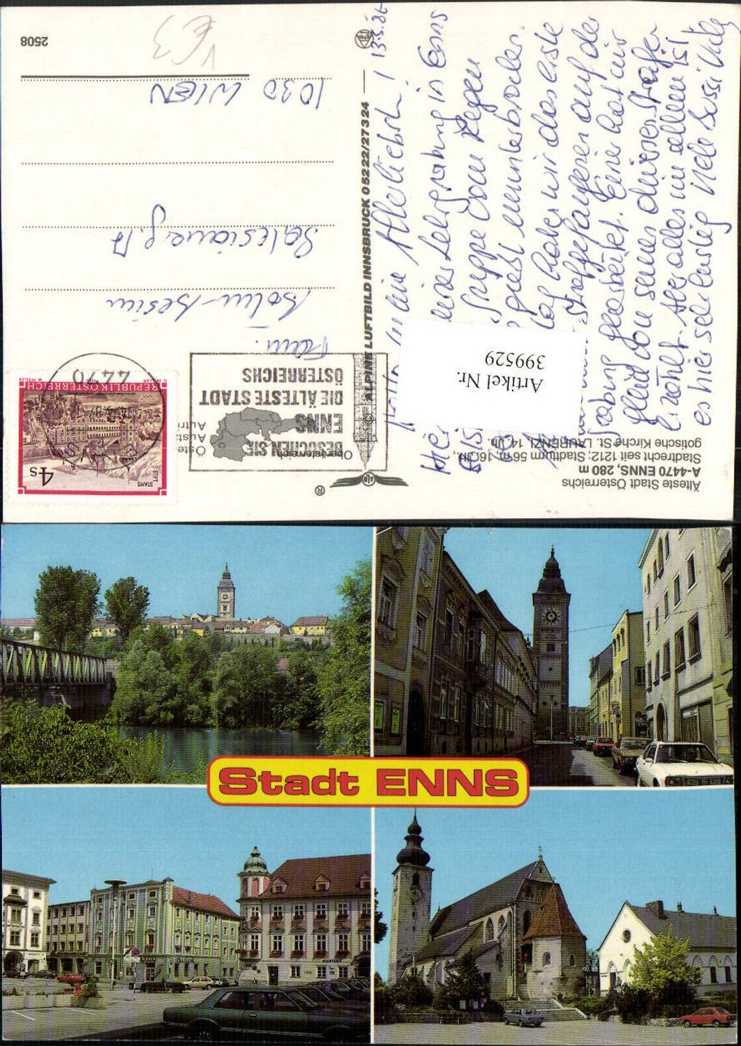 399529,Enns Teilansicht Kirche Stadtturm Mehrbildkarte pub Alpine Luftbild 2508