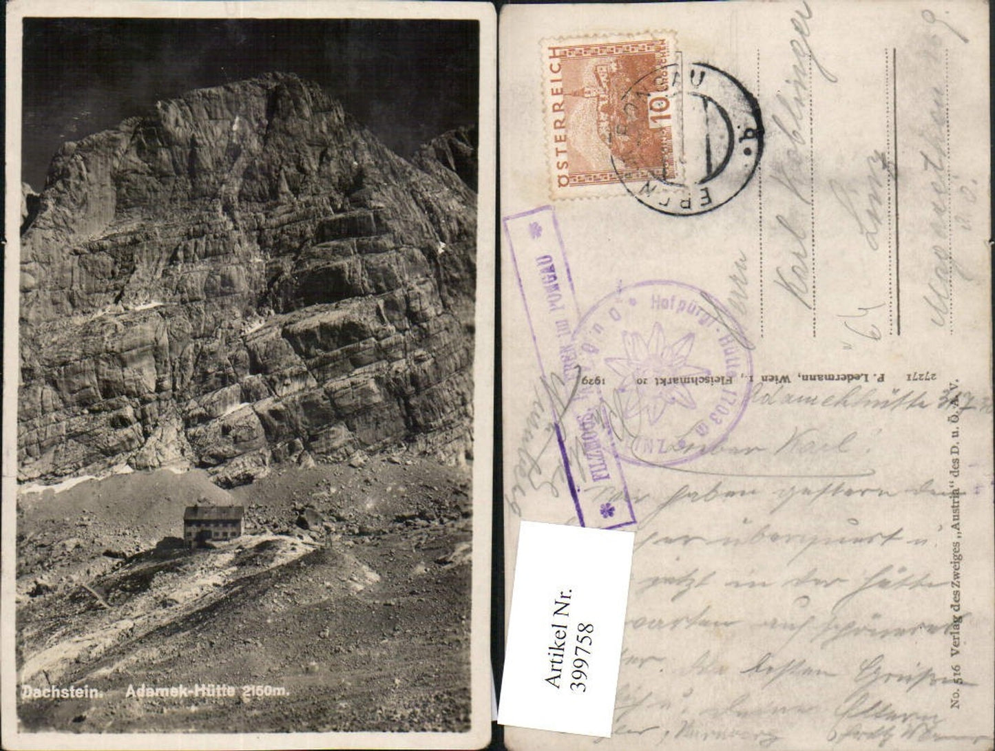 399758,Dachstein Adamek-Hütte Berghütte b. Gosau Bergkulisse Postablage Filzmoos