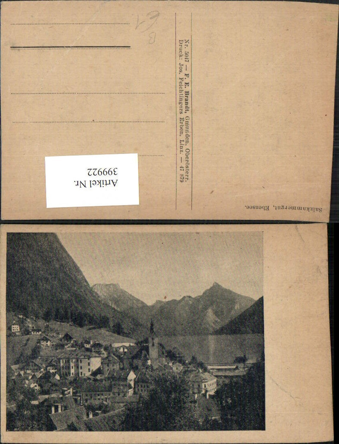 399922,Ebensee Teilansicht Bergkulisse pub F. E. Brandt 5047