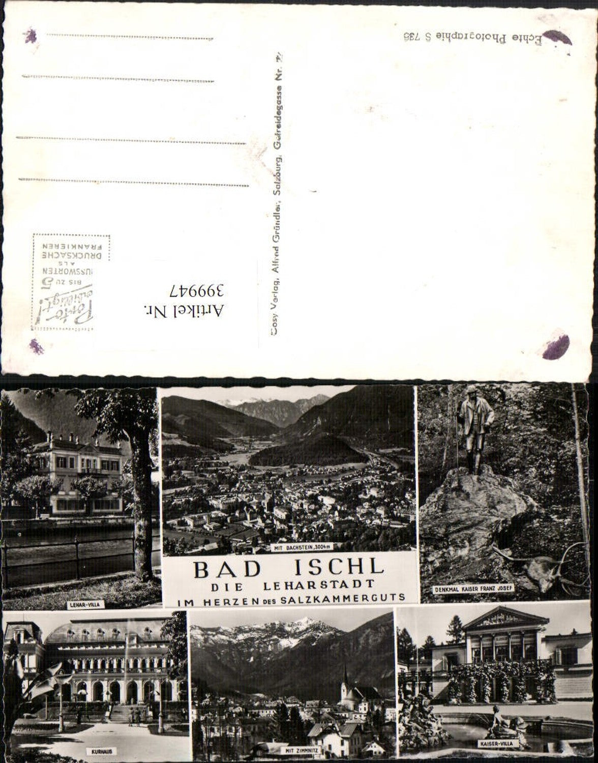 399947,Bad Ischl Totale Lehar-Villa Kurhaus Kaiservilla Denkmal Statue Mehrbildkarte