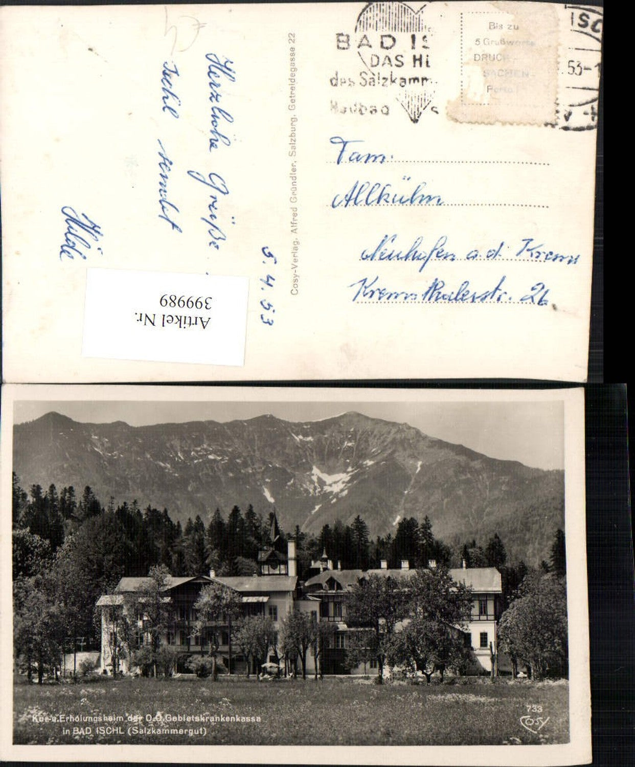 399989,Bad Ischl Kur- u. Erholungsheim Bergkulisse pub Cosy 733
