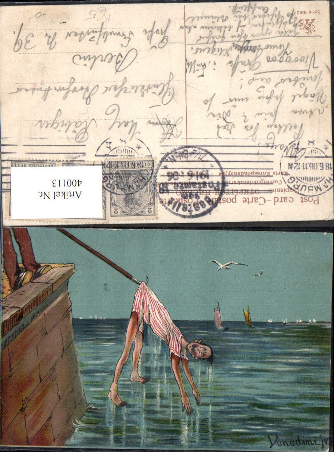 400113,Künstler Ak Donadini jr. Mann an Haken aus Wasser gezogen Scherz Humor