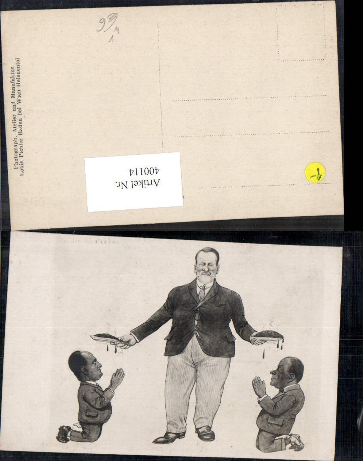 400114,Männer kniend bitten um Essen Völlerei Dicker Mann Rauchen Scherz Humor pub Louis Pichler Baden b. Wien