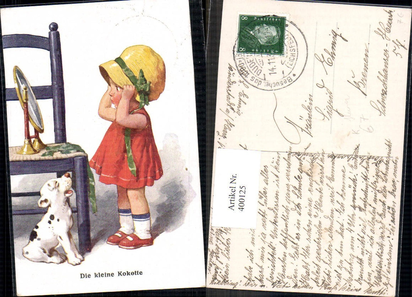 400125,Künstler Ak Mädchen schaut i. Spiegel Hut Hund Die kleine Kokotte Scherz Humor