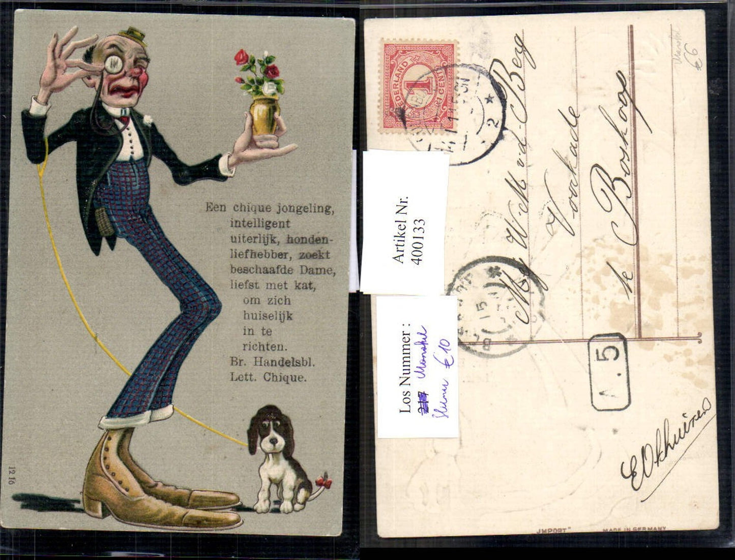 400133,Präge Ak Monokel Riese Mann Hund Surrealismus Blumen Scherz Humor