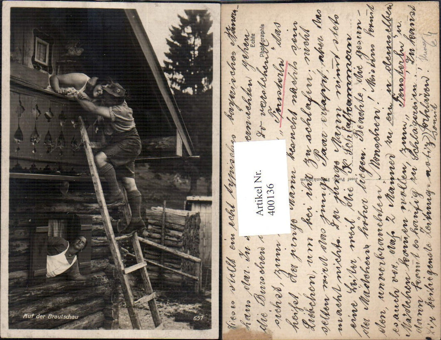 400136,Auf der Brautschau Paar Umarmung Leiter Balkon Scherz Humor