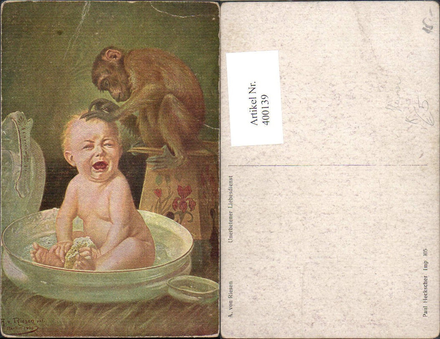 400139,A. von Riesen Unerbetener Liebesdienst Kleinkind Affe Kopfläuse Scherz Humor pub Paul Heckscher 305