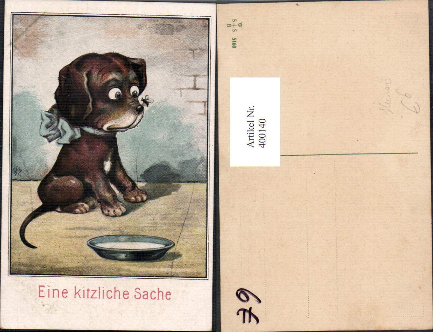 400140,Künstler Ak Hund m. Biene a. Nase Eine kitzliche Sache Scherz Humor