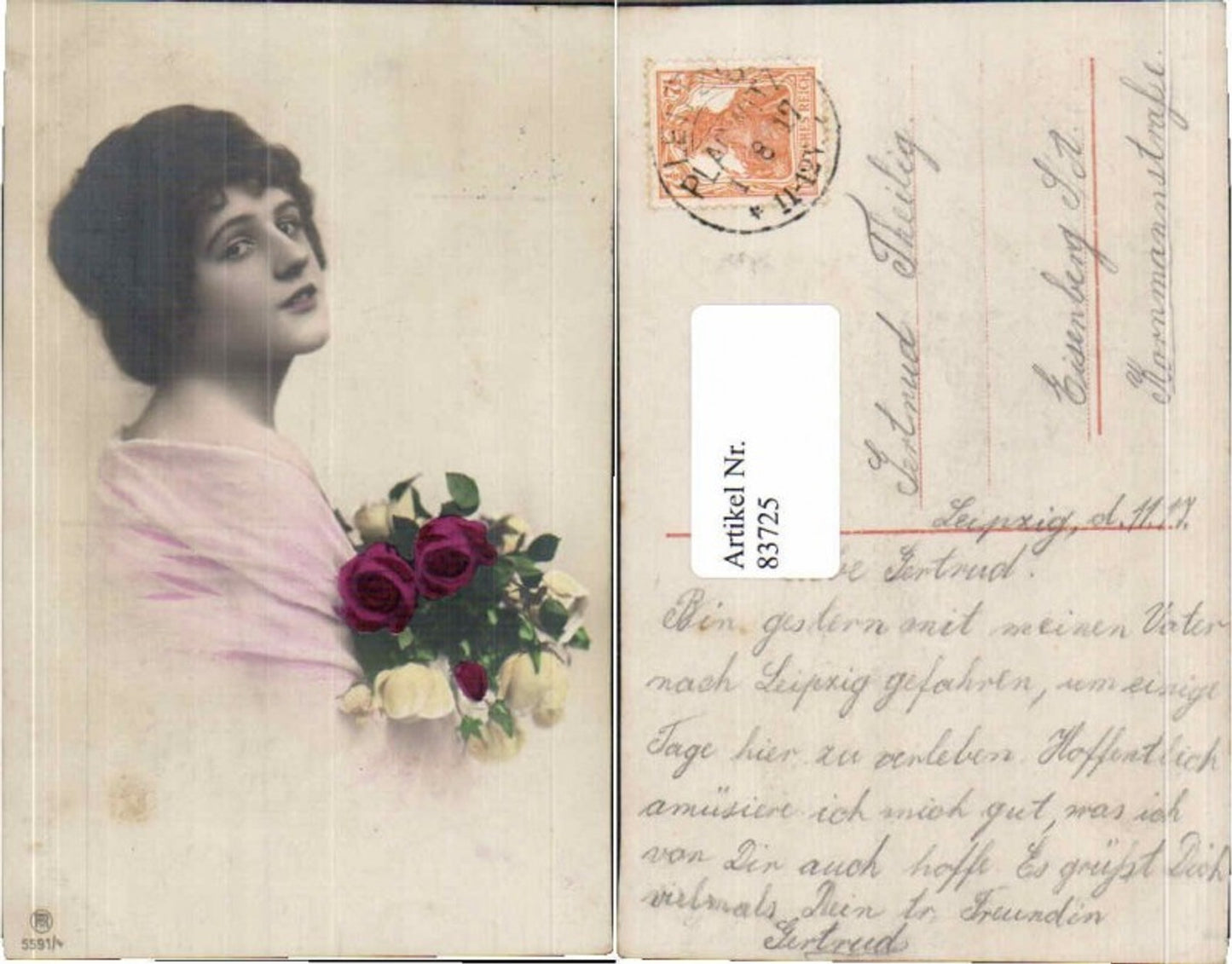 83725,RPH Schöne Frau Blume Rosen coloriert