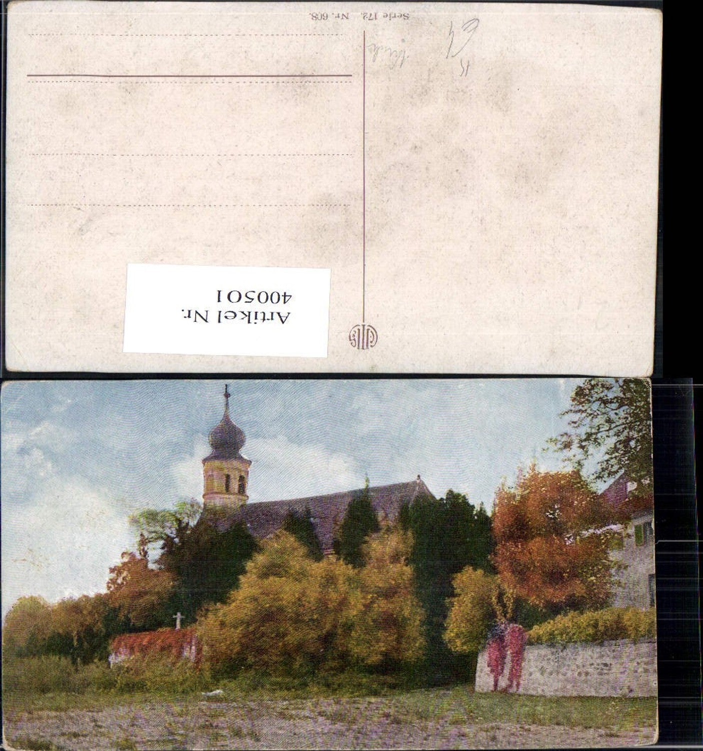 400501,Künstler Ak Kirche Landschaft Garten