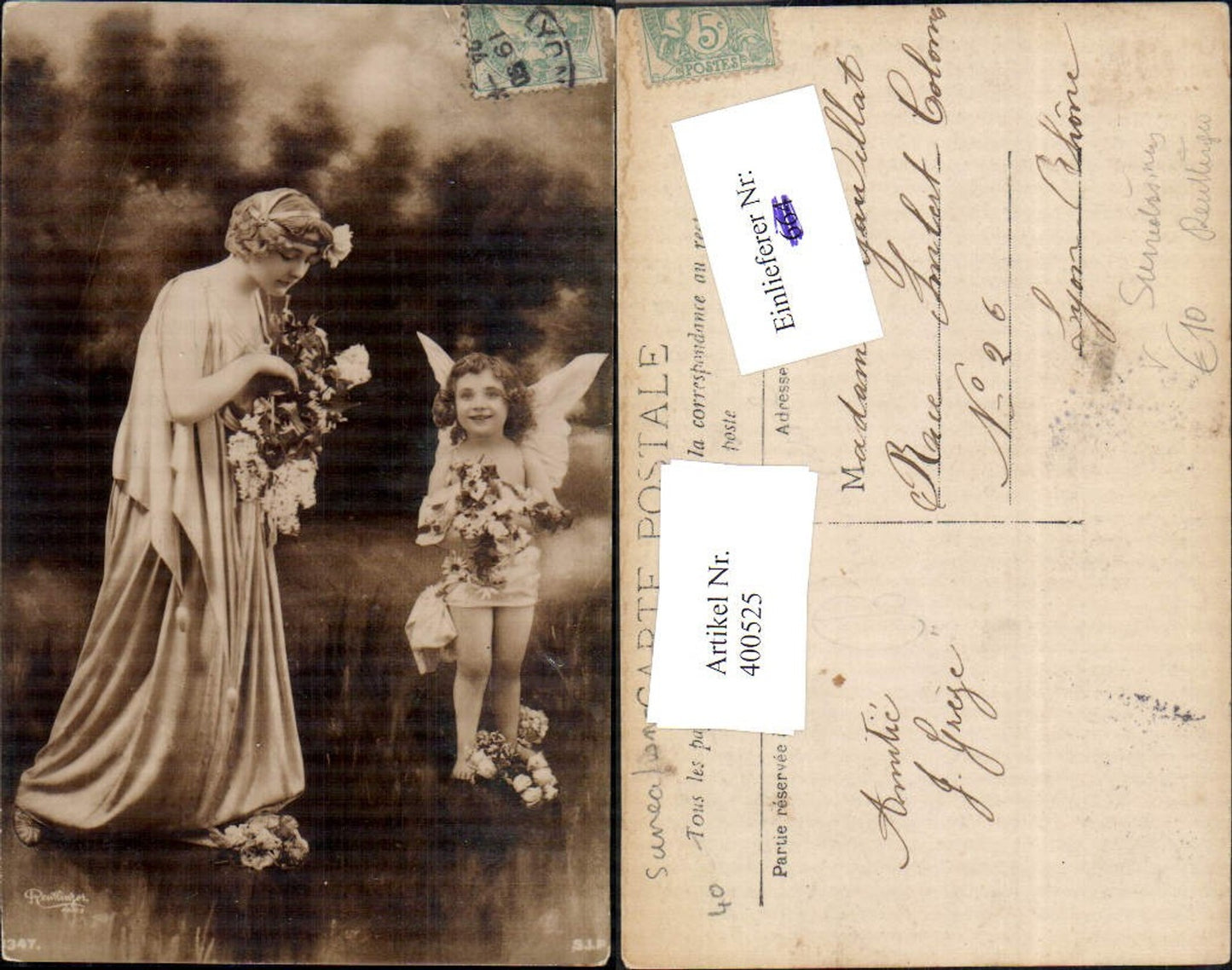 400525,Fotomontage Surrealismus Frau m. Mädchen Engel Blumenstrauß pub Reutlinger 1347