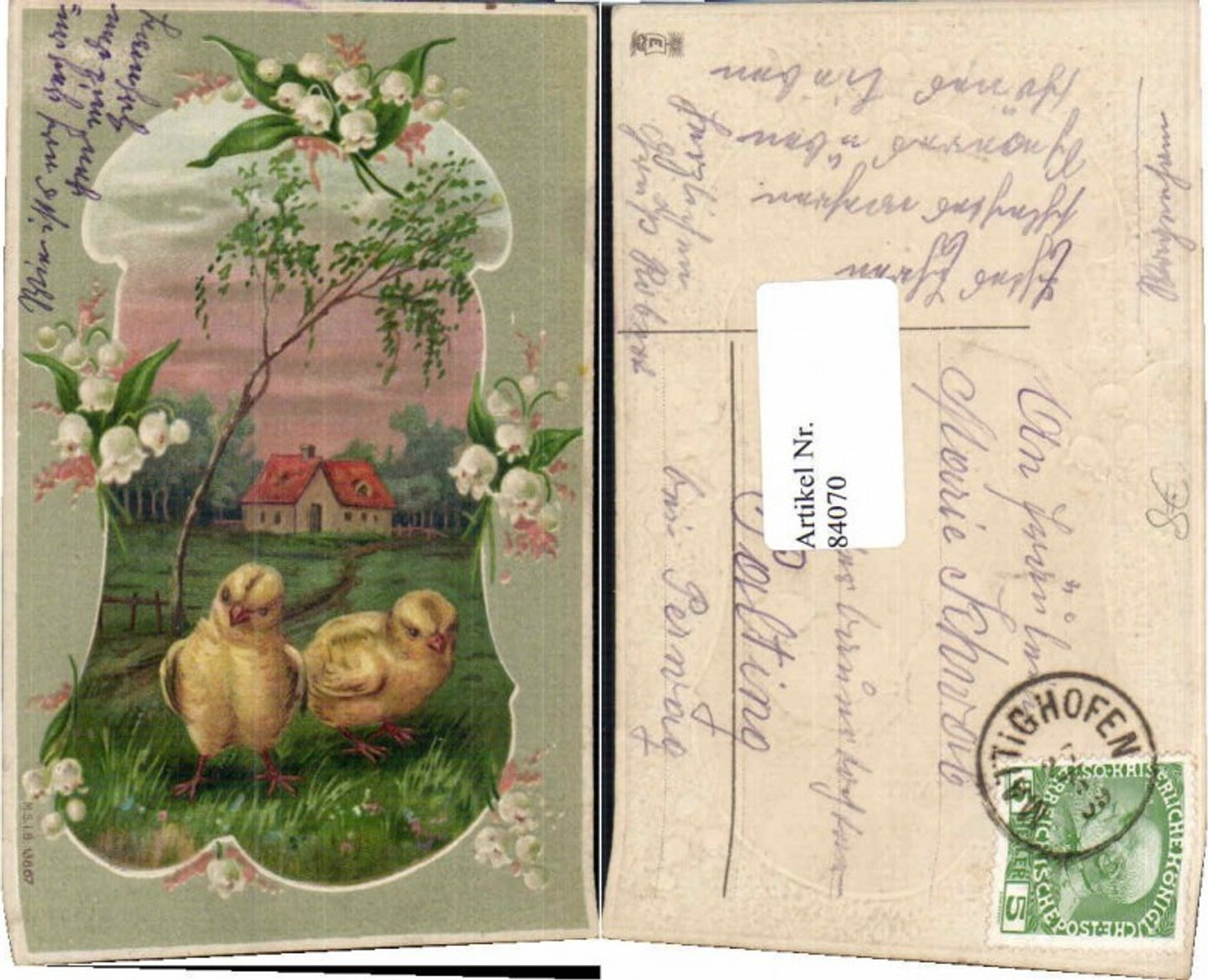 84070, Embosser Lithograph Easter Chick Lily of the Valley