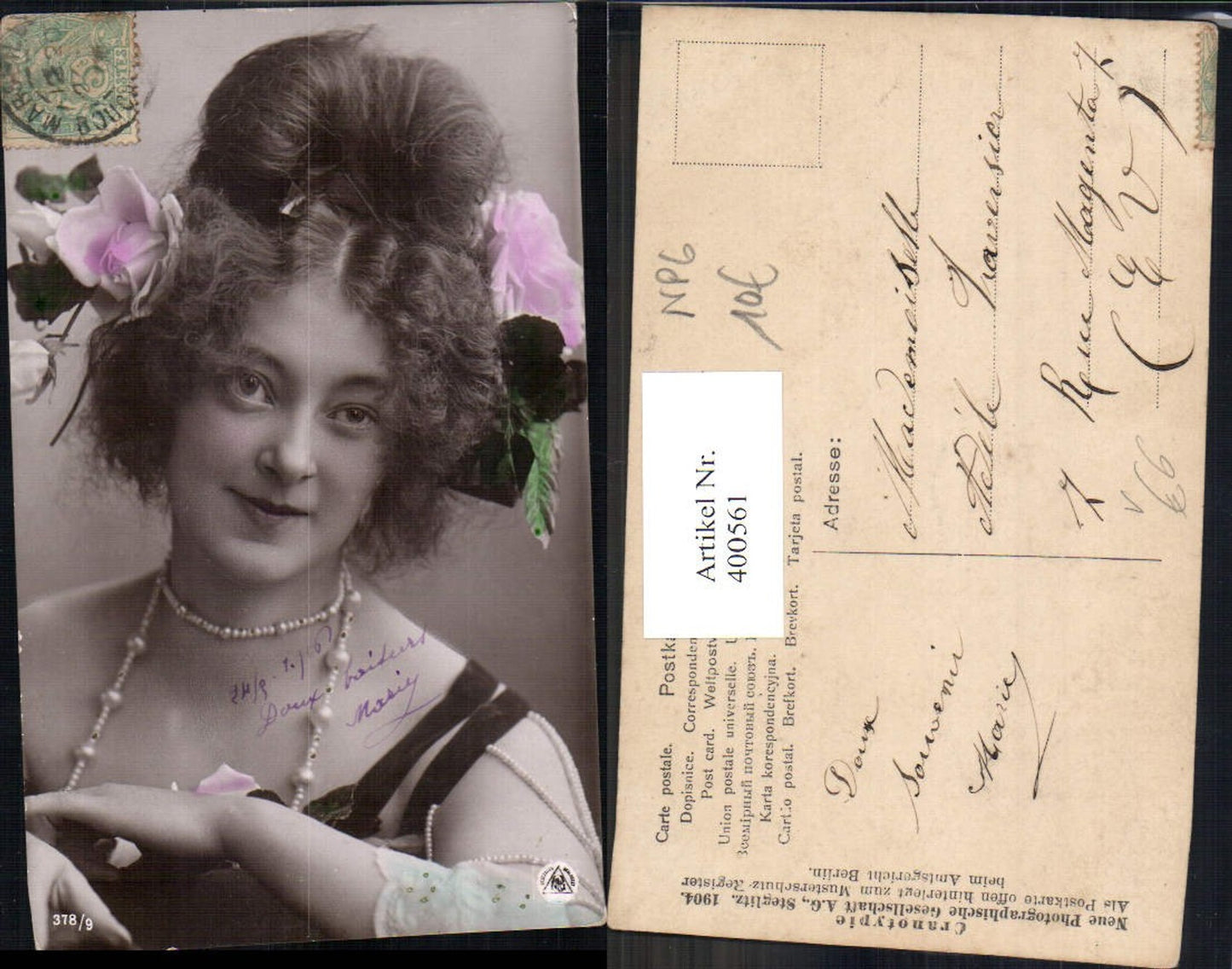 400561,Fotokunst Frau Rosen i. Haar Perlenkette Schmuck pub NPG 378/9