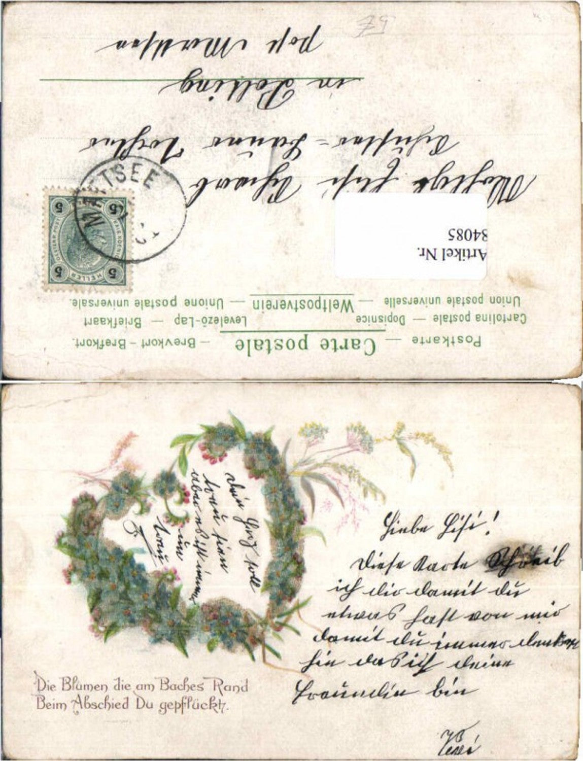 84085,Tolle Litho Blumen Applikation gel Mattsee 1902