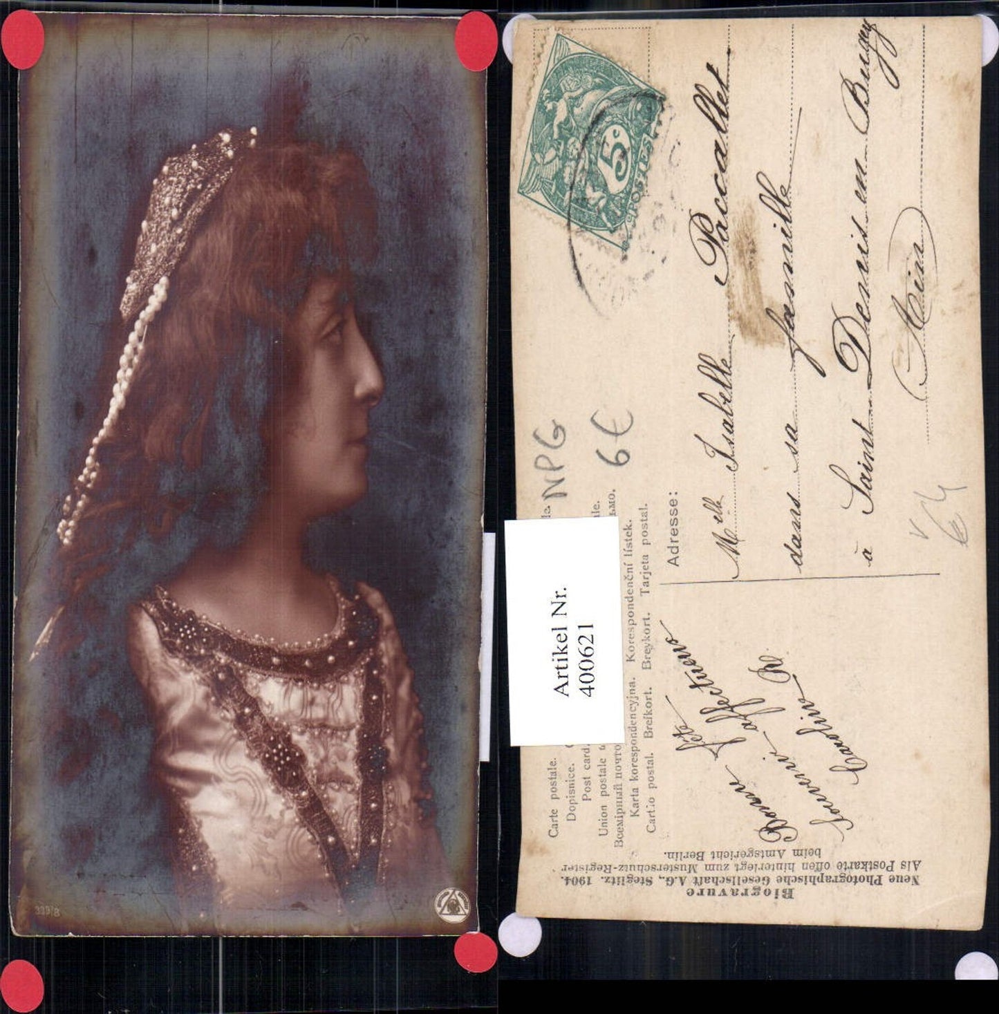 400621,Photographic art: Woman with curly hair, jewelry, pearls, pub NPG 339/8