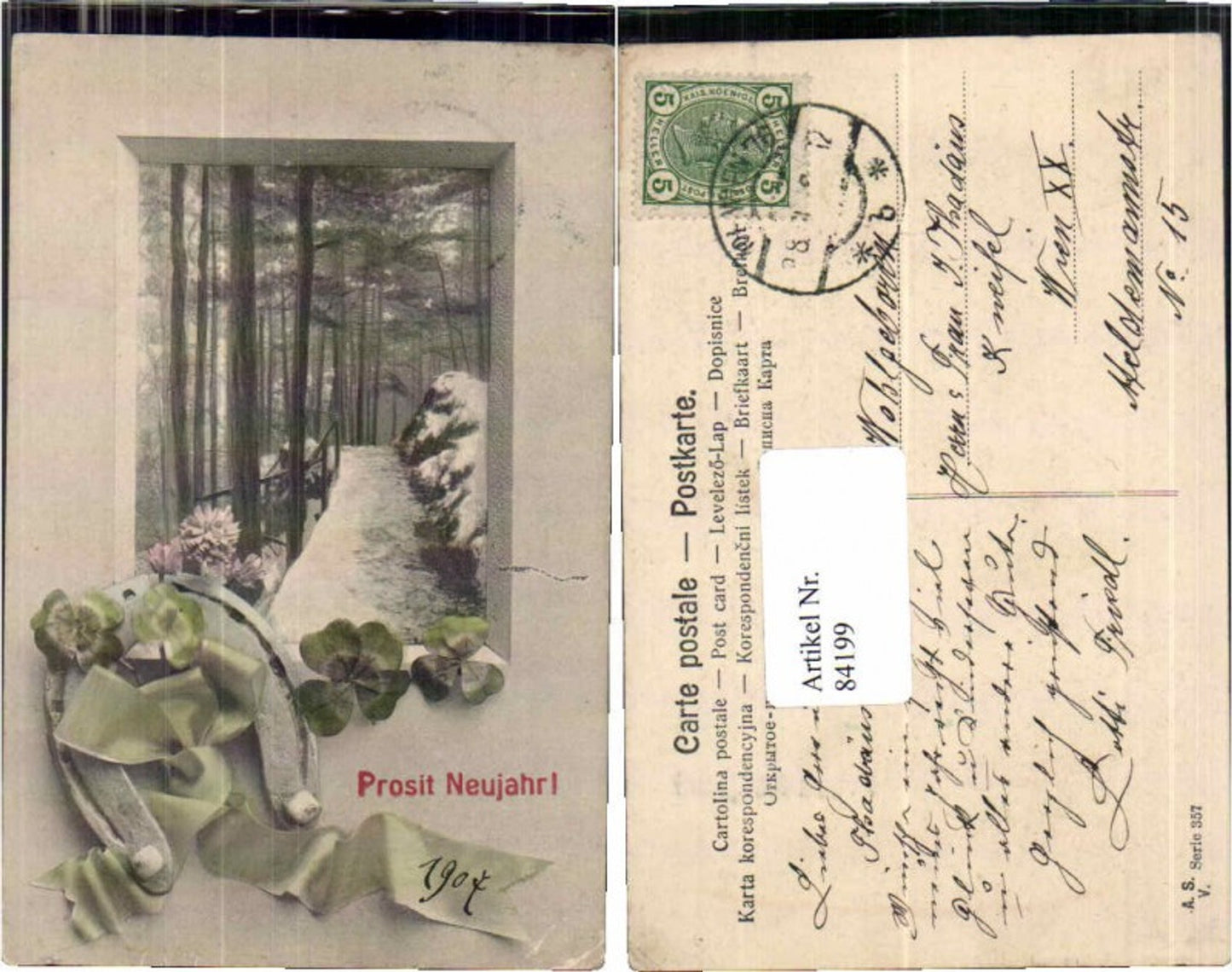 84199,Jugendstil Neujahr Hufeisen Klee Kleeblatt Wald