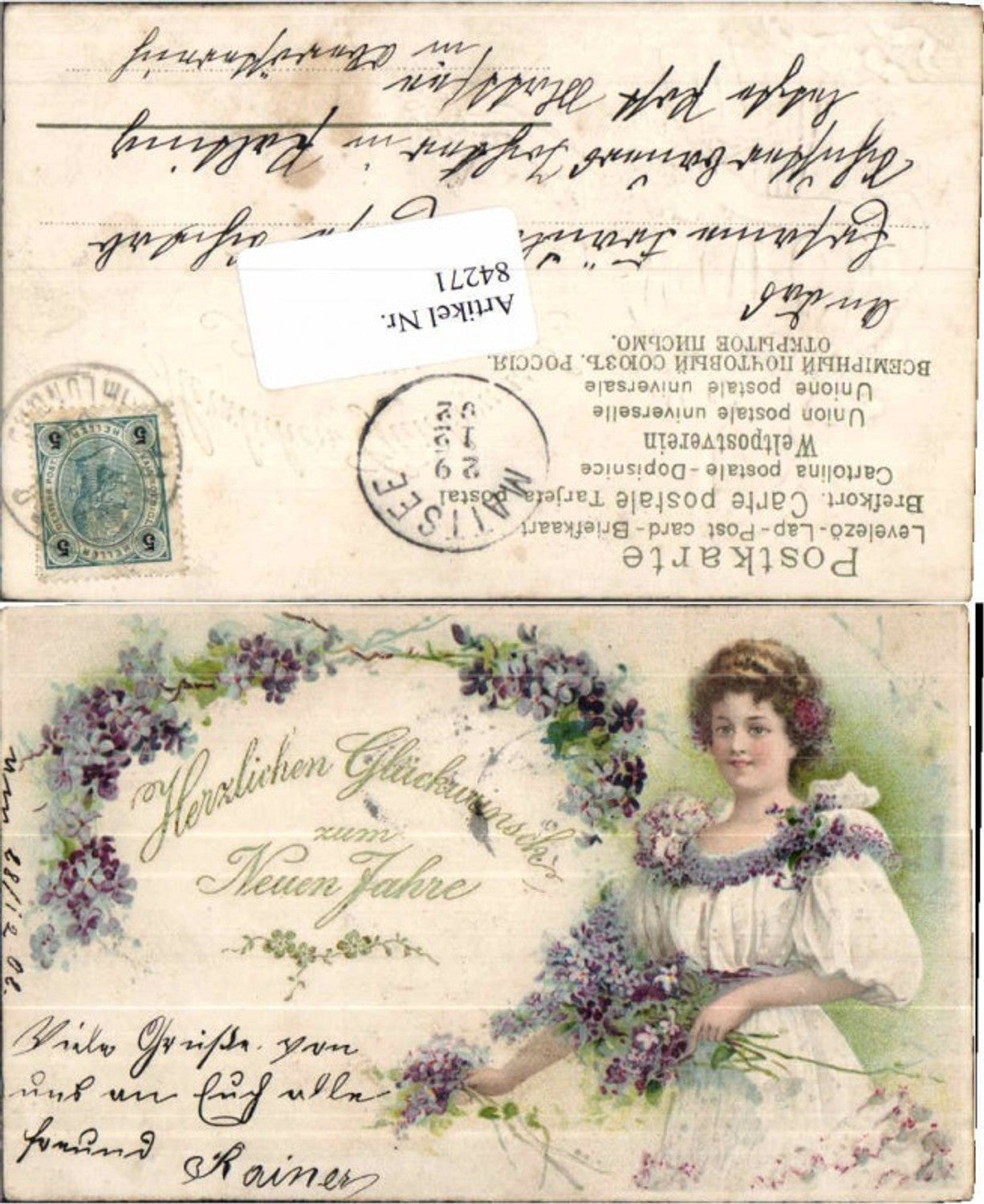 84271,Super Präge Litho Neujahr Frau Jugendstil Veilchen