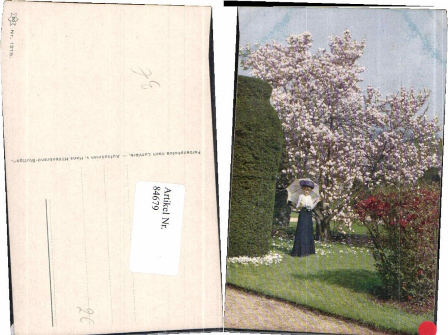 84679,Künstlerkarte Jugendstil Frau Schirm Garten