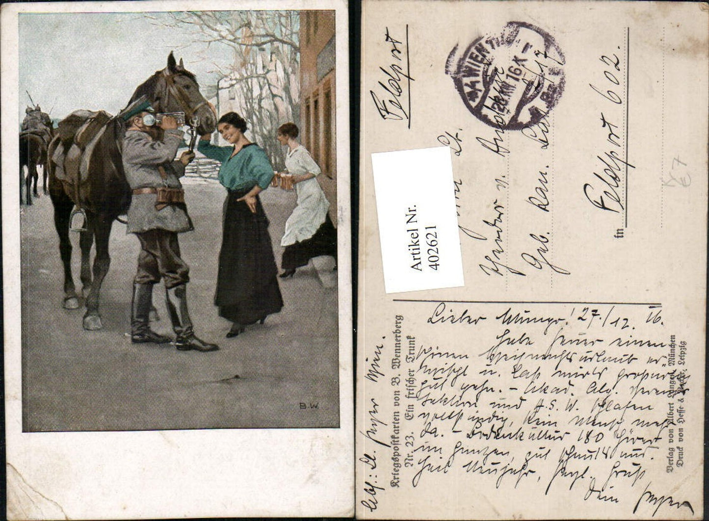 402621,Künstler AK Brynolf Wennerberg 23 Ein frischer Trunk Soldat Bier Pferd