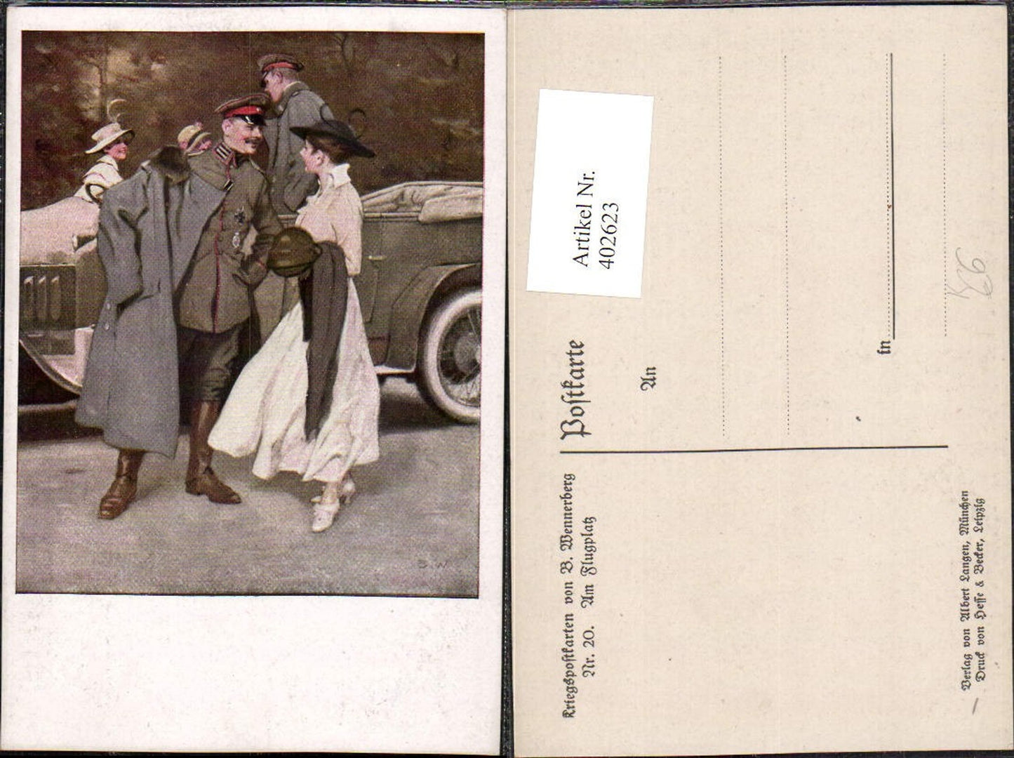 402623,Künstler AK Brynolf Wennerberg 20 Am Flugplatz Frau m. Kleid Hut Soldaten Automobil