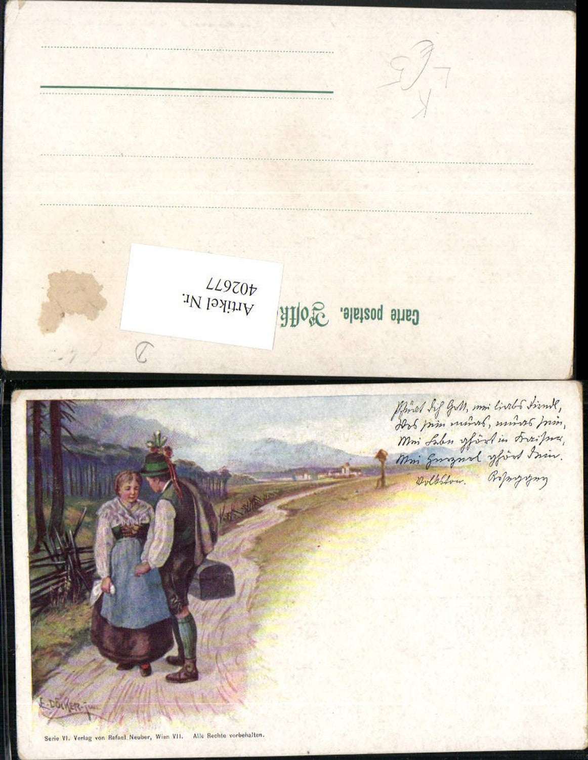 402677,Künstler Litho E. Döcker jun. Liebe Paar Tracht Landschaft Wegpartie