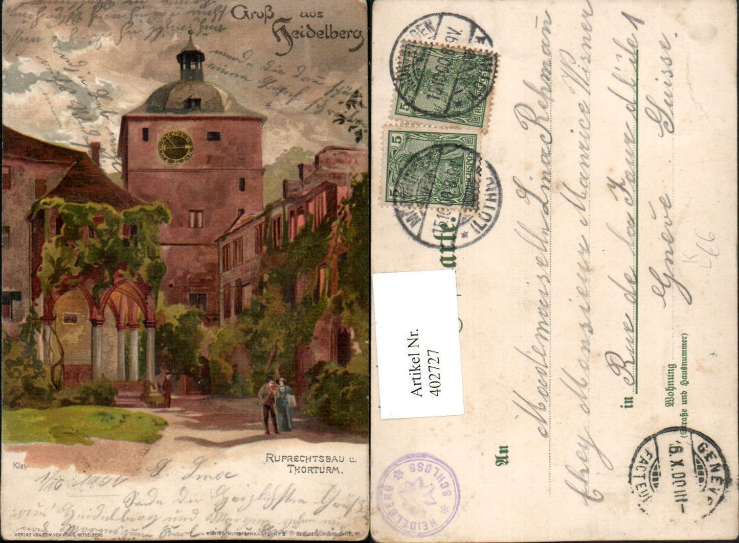 402727,Künstler Litho Heinrich Kley Gruß aus Heidelberg Schloss Ruprechtsbau u. Torturm