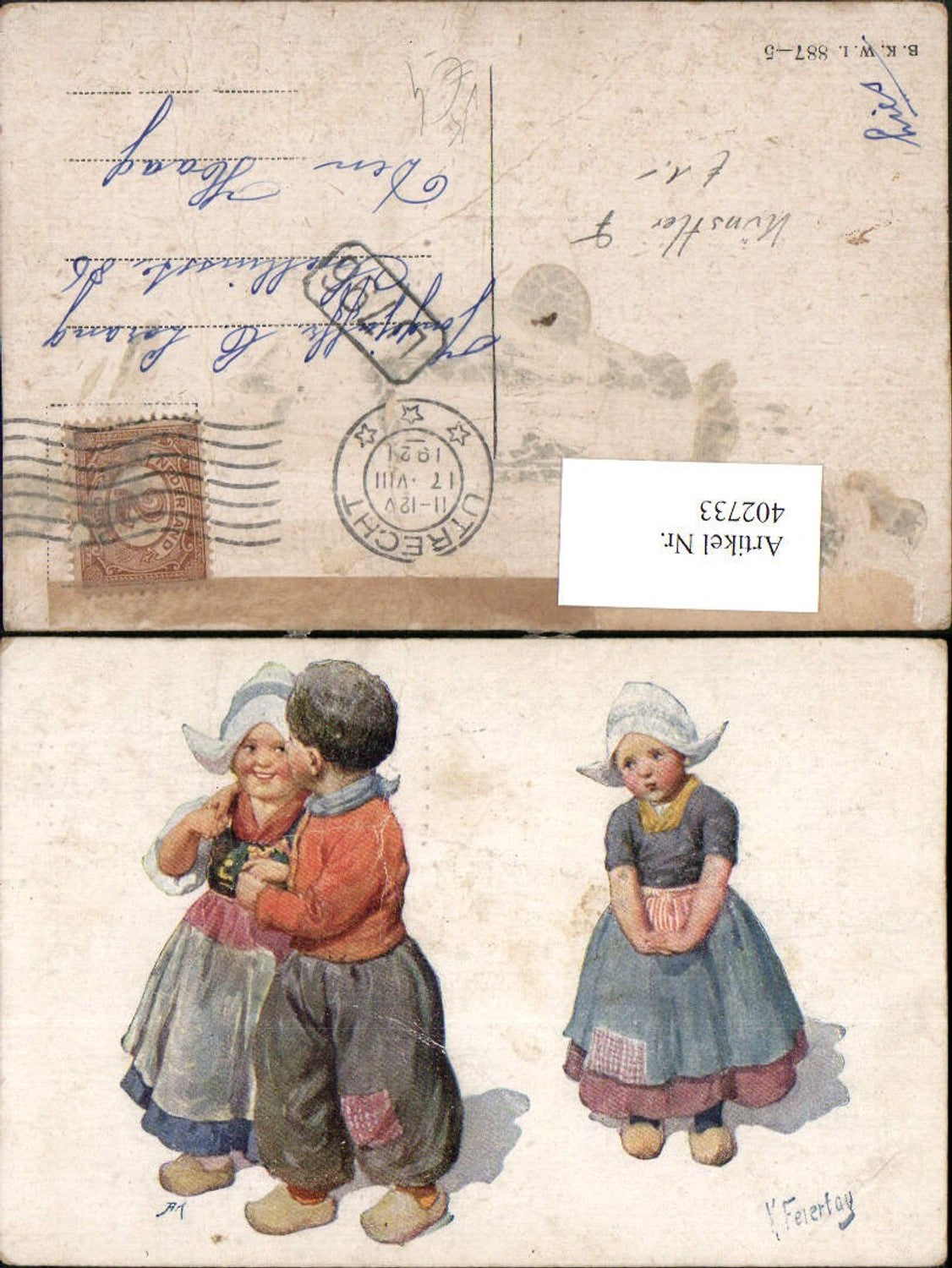 402733,Künstler AK Karl Feiertag Holländische Kinder Tracht Liebe pub B.K.W.I. 887/5